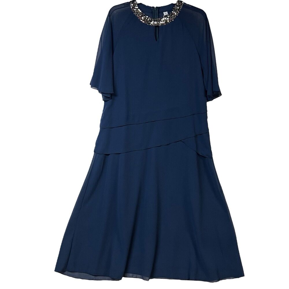 Mother of The Bride Dress Navy Blue Silver Sequins Tiered Lined Midi NEW Medium